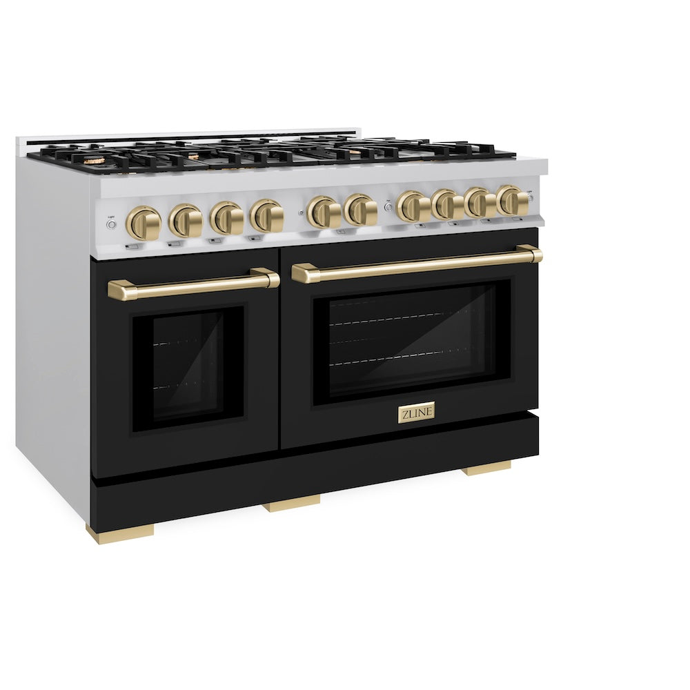 ZLINE Autograph Edition 48 in. 6.7 cu. ft. Select Double Oven Dual Fuel Range with 8 Burner Gas Cooktop in Stainless Steel with Black Matte Doors and Champagne Bronze Accents (HDRZ-BLM-48-CB)