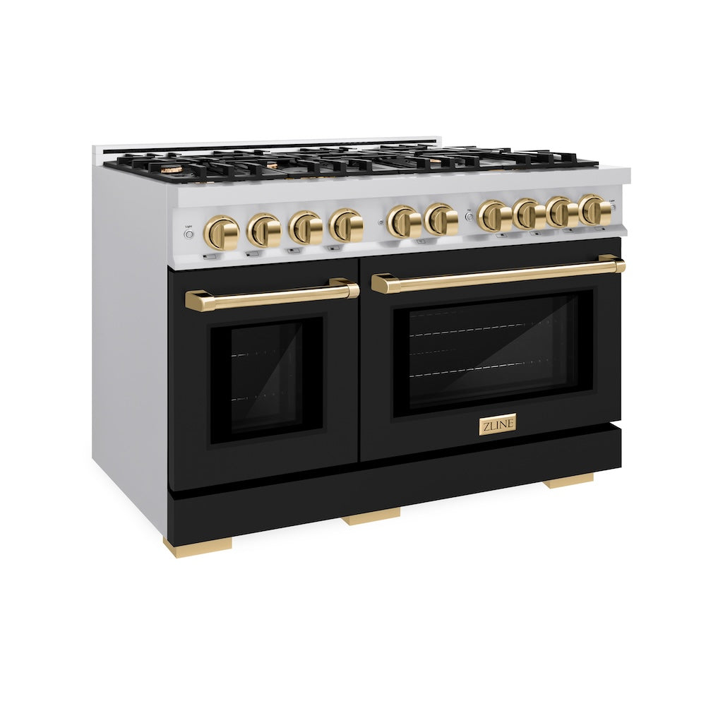 ZLINE Autograph Edition 48 in. 6.7 cu. ft. Select Double Oven Dual Fuel Range with 8 Burner Gas Cooktop in Stainless Steel with Black Matte Doors and Polished Gold Accents (HDRZ-BLM-48-G)