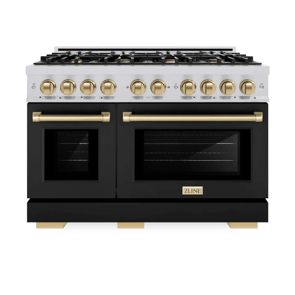 ZLINE Autograph Edition 48 in. 6.7 cu. ft. Select Double Oven Gas Range with 8 Burner Cooktop in Stainless Steel with Black Matte Doors and Champagne Bronze Accents (HGRZ-BLM-48-CB)