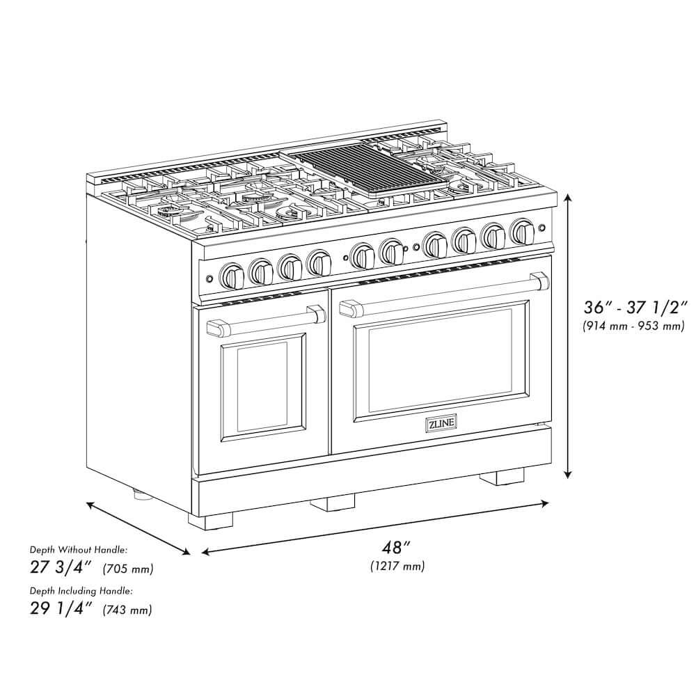 ZLINE Autograph Edition 48 in. 6.7 cu. ft. Select Double Oven Gas Range with 8 Burner Cooktop in Stainless Steel with Black Matte Doors and Polished Gold Accents (HGRZ-BLM-48-G)