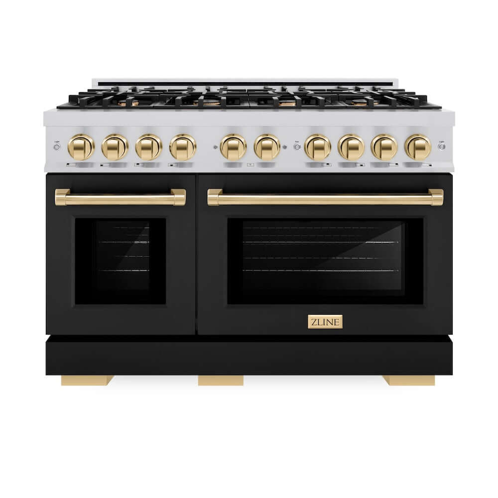 ZLINE Autograph Edition 48 in. 6.7 cu. ft. Select Double Oven Gas Range with 8 Burner Cooktop in Stainless Steel with Black Matte Doors and Polished Gold Accents (HGRZ-BLM-48-G)