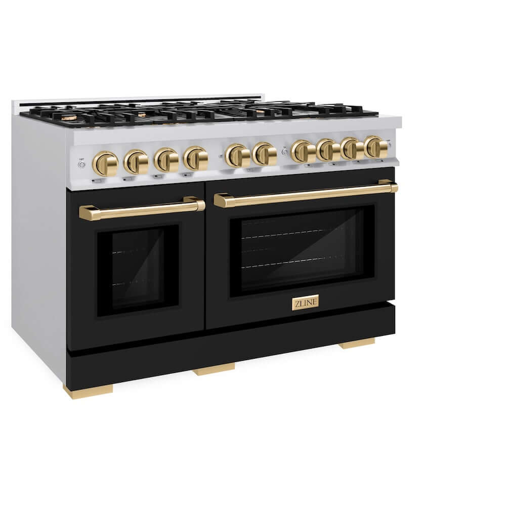 ZLINE Autograph Edition 48 in. 6.7 cu. ft. Select Double Oven Gas Range with 8 Burner Cooktop in Stainless Steel with Black Matte Doors and Polished Gold Accents (HGRZ-BLM-48-G)