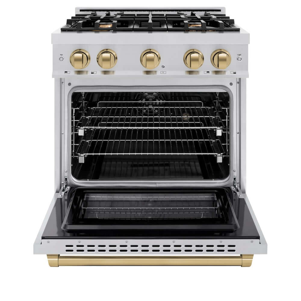 ZLINE Autograph Edition 30 in. 4.2 cu. ft. Select Dual Fuel Range with 4 Burner Gas Cooktop and Electric Convection Oven in Stainless Steel with Champagne Bronze Accents (HDRZ-30-CB)