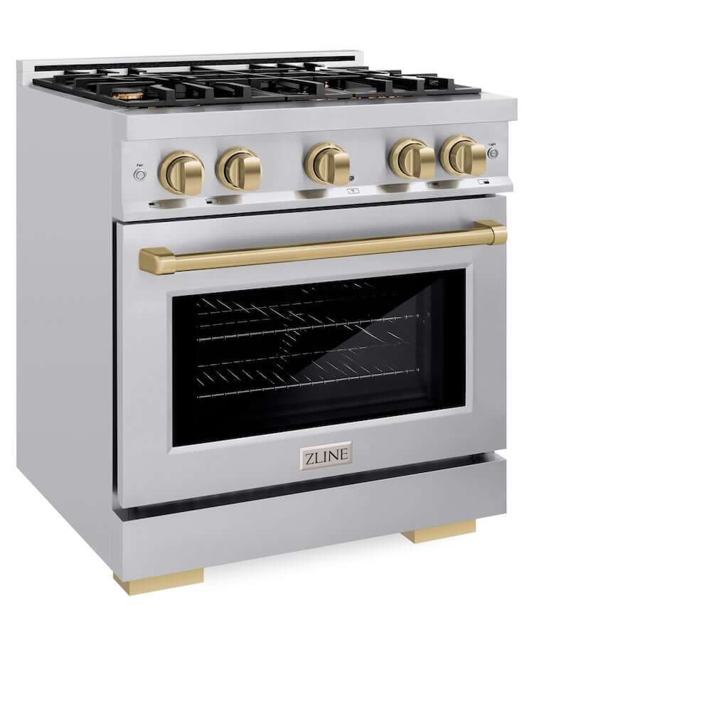 ZLINE Autograph Edition 30 in. 4.2 cu. ft. Select Dual Fuel Range with 4 Burner Gas Cooktop and Electric Convection Oven in Stainless Steel with Champagne Bronze Accents (HDRZ-30-CB)