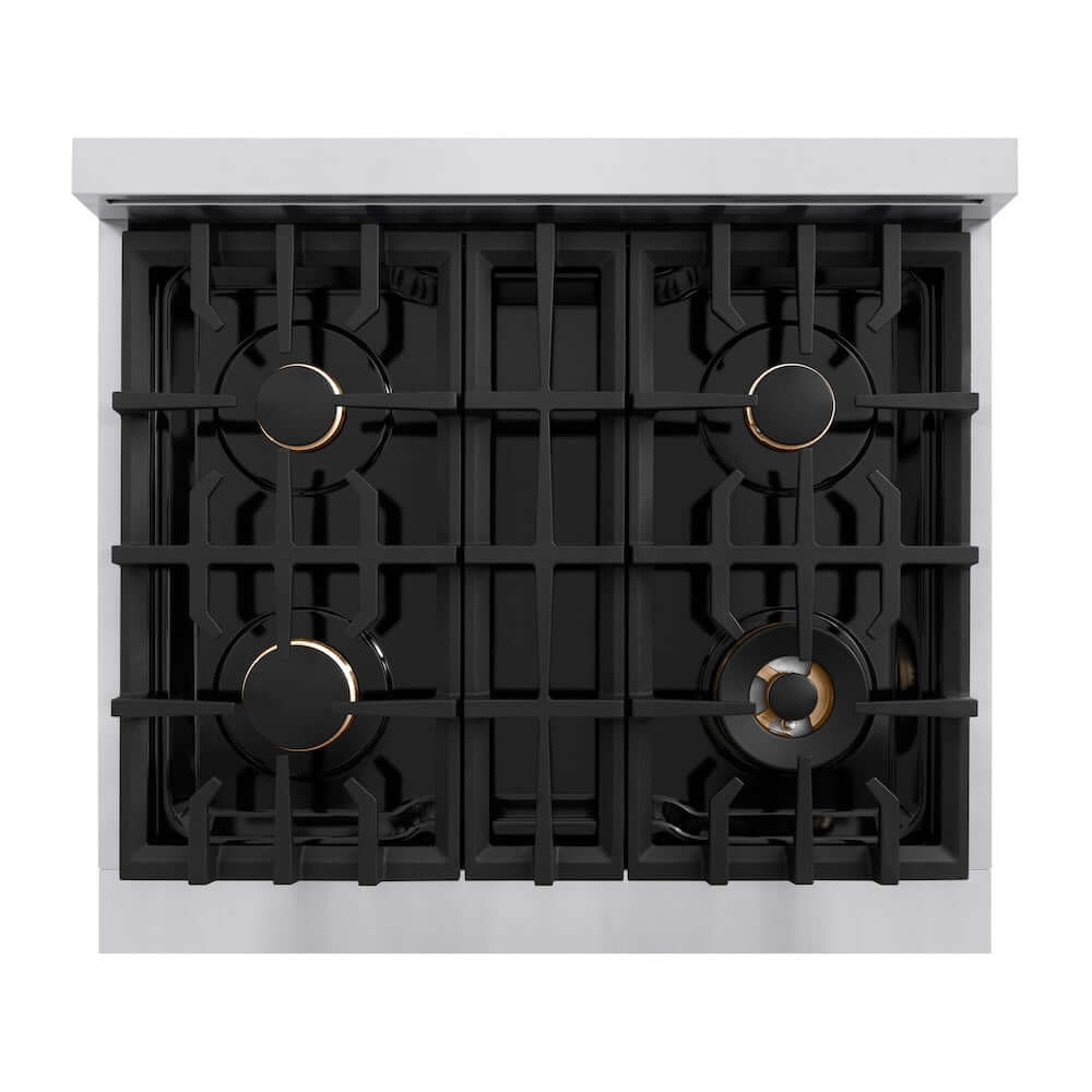 ZLINE Autograph Edition 30 in. 4.2 cu. ft. Select Dual Fuel Range with 4 Burner Gas Cooktop and Electric Convection Oven in Stainless Steel with Champagne Bronze Accents (HDRZ-30-CB)