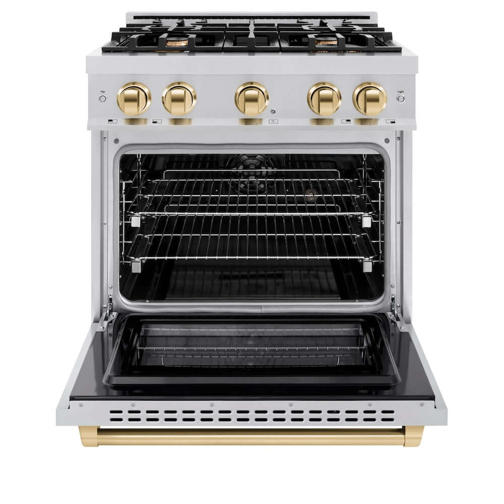 ZLINE Autograph Edition 30 in. 4.2 cu. ft. Select Dual Fuel Range with 4 Burner Gas Cooktop and Electric Convection Oven in Stainless Steel with Polished Gold Accents (HDRZ-30-G)