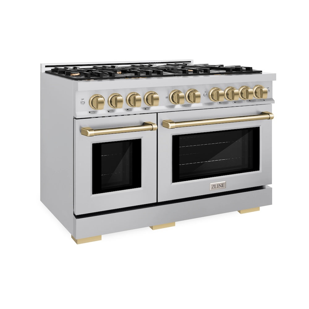 ZLINE Autograph Edition 48 in. 6.7 cu. ft. Select Double Oven Dual Fuel Range with 8 Burner Gas Cooktop in Stainless Steel and Champagne Bronze Accents (HDRZ-48-CB)