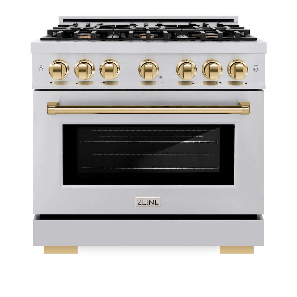 ZLINE Autograph Edition 36 in. 5.2 cu. ft. Select Gas Range with 6 Burner Cooktop and Convection Gas Oven in Stainless Steel and Polished Gold Accents (HGRZ-36-G)