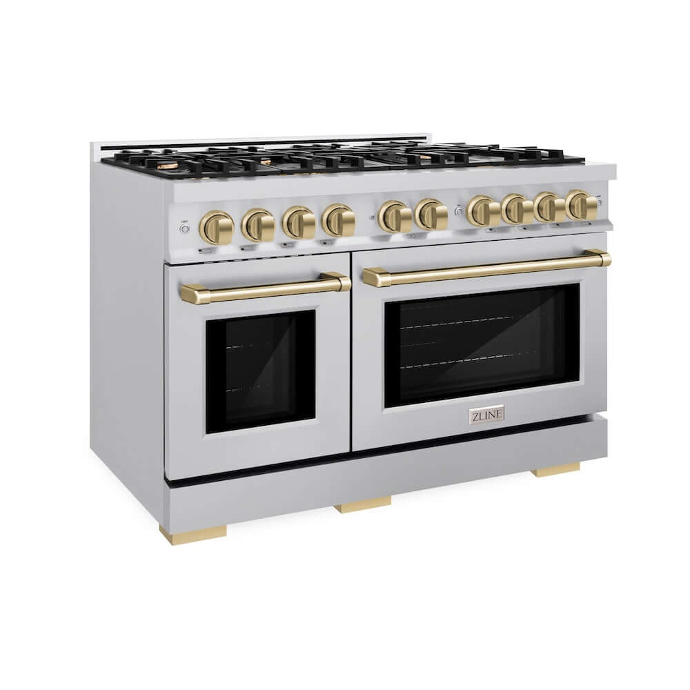 ZLINE Autograph Edition 48 in. 6.7 cu. ft. Select Double Oven Gas Range with 8 Burner Cooktop in Stainless Steel and Champagne Bronze Accents (HGRZ-48-CB)