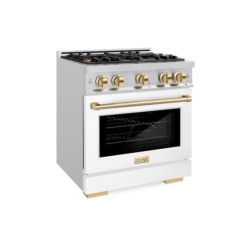 ZLINE Autograph Edition 30 in. 4.2 cu. ft. Select Dual Fuel Range with 4 Burner Gas Cooktop and Electric Convection Oven in Stainless Steel with White Matte Door and Polished Gold Accents (HDRZ-WM-30-G)