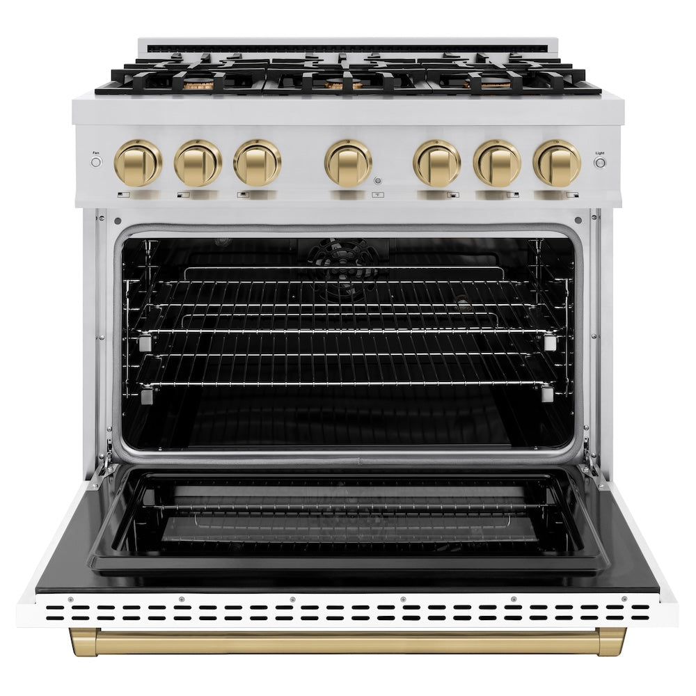 ZLINE Autograph Edition 36 in. 5.2 cu. ft. Select Dual Fuel Range with 6 Burner Gas Cooktop and Electric Convection Oven in Stainless Steel with White Matte Door and Champagne Bronze Accents (HDRZ-WM-36-CB)