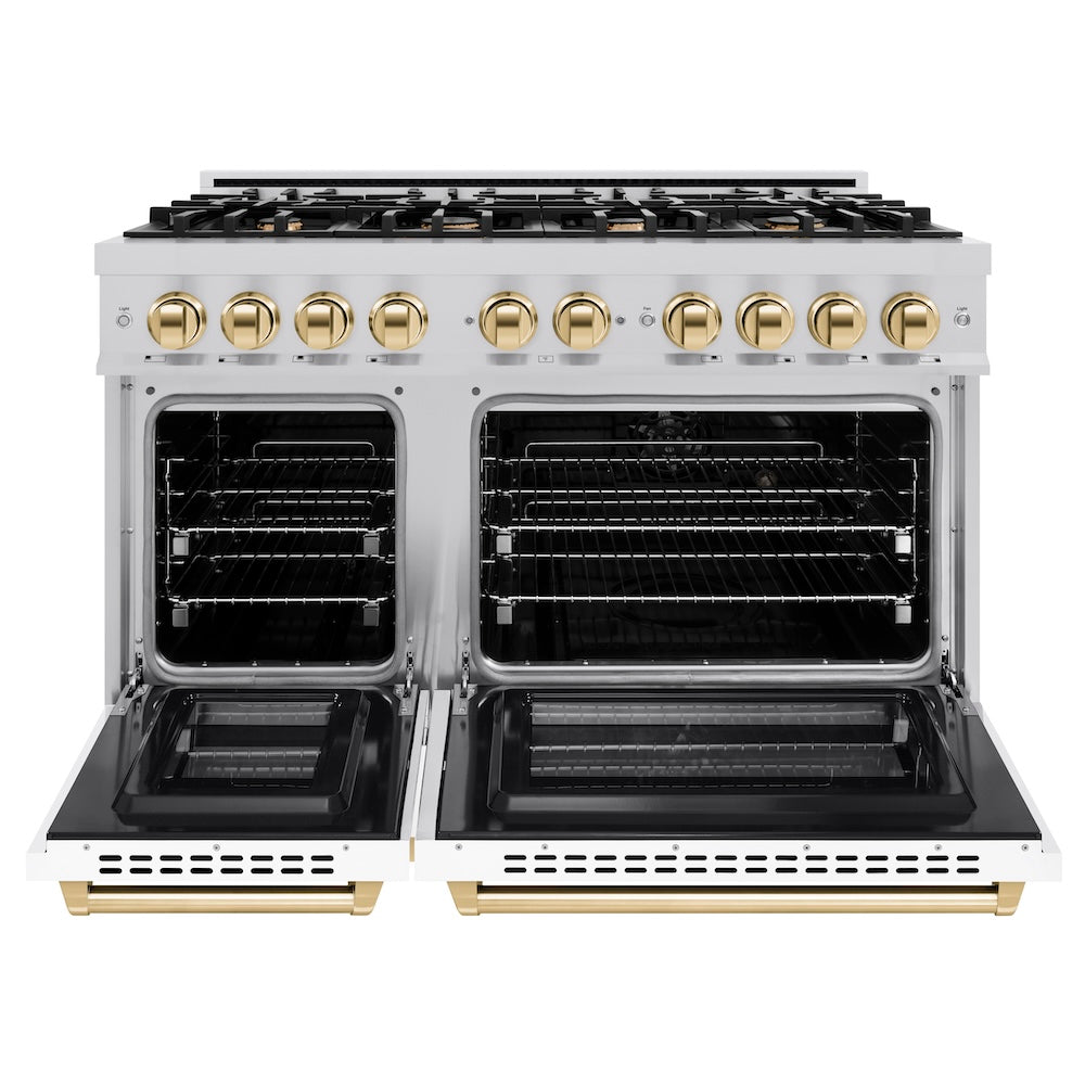 ZLINE Autograph Edition 48 in. 6.7 cu. ft. Select Double Oven Dual Fuel Range with 8 Burner Gas Cooktop in Stainless Steel with White Matte Door and Polished Gold Accents (HDRZ-WM-48-G)