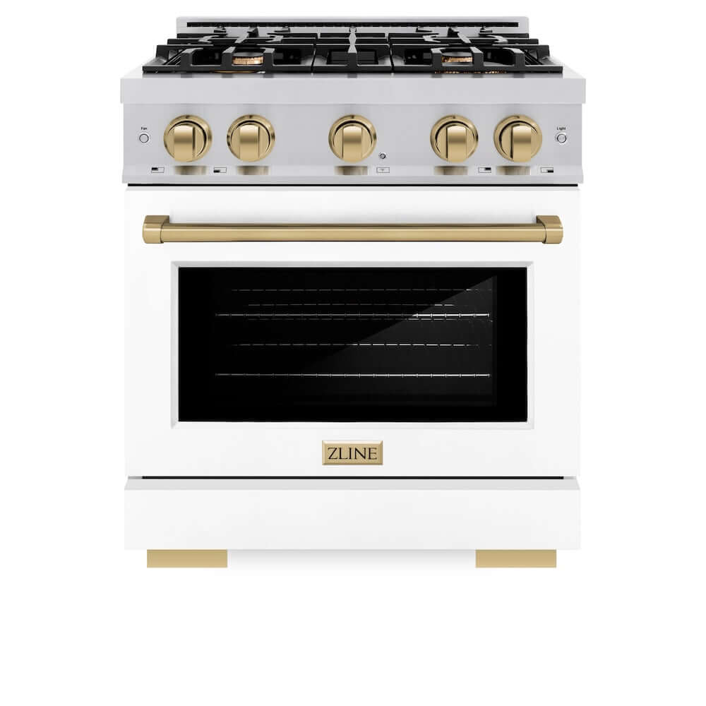 ZLINE Autograph Edition 30 in. 4.2 cu. ft. Select Gas Range with 4 Burner Cooktop and Convection Gas Oven in Stainless Steel with White Matte Door and Champagne Bronze Accents (HGRZ-WM-30-CB)