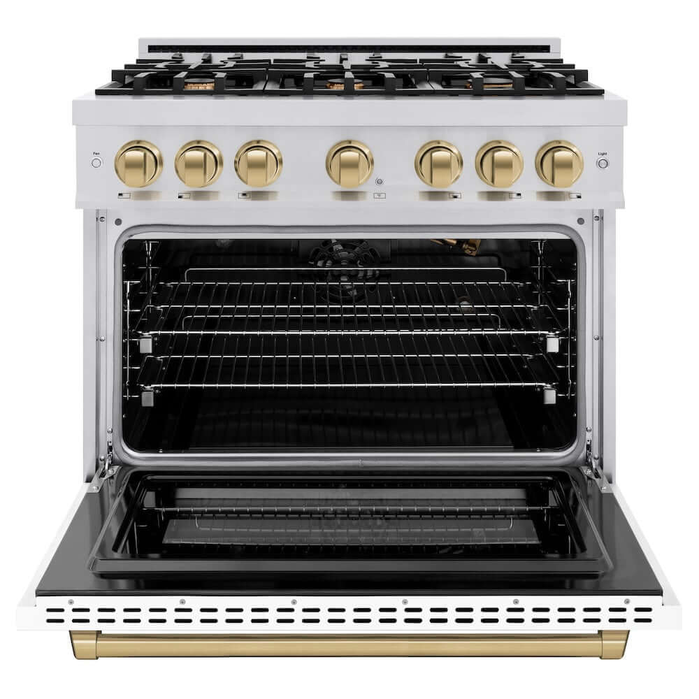 ZLINE Autograph Edition 36 in. 5.2 cu. ft. Select Gas Range with 6 Burner Cooktop and Convection Gas Oven in Stainless Steel with White Matte Door and Champagne Bronze Accents (HGRZ-WM-36-CB)