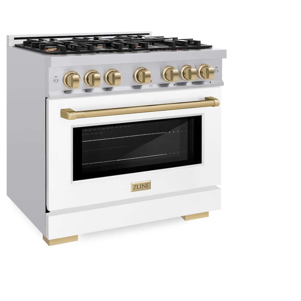 ZLINE Autograph Edition 36 in. 5.2 cu. ft. Select Gas Range with 6 Burner Cooktop and Convection Gas Oven in Stainless Steel with White Matte Door and Champagne Bronze Accents (HGRZ-WM-36-CB)