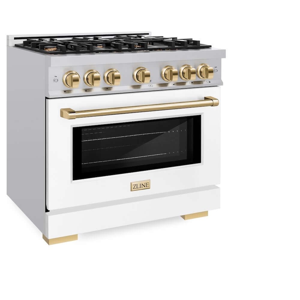 ZLINE Autograph Edition 36 in. 5.2 cu. ft. Select Gas Range with 6 Burner Cooktop and Convection Gas Oven in Stainless Steel with White Matte Door and Polished Gold Accents (HGRZ-WM-36-G)