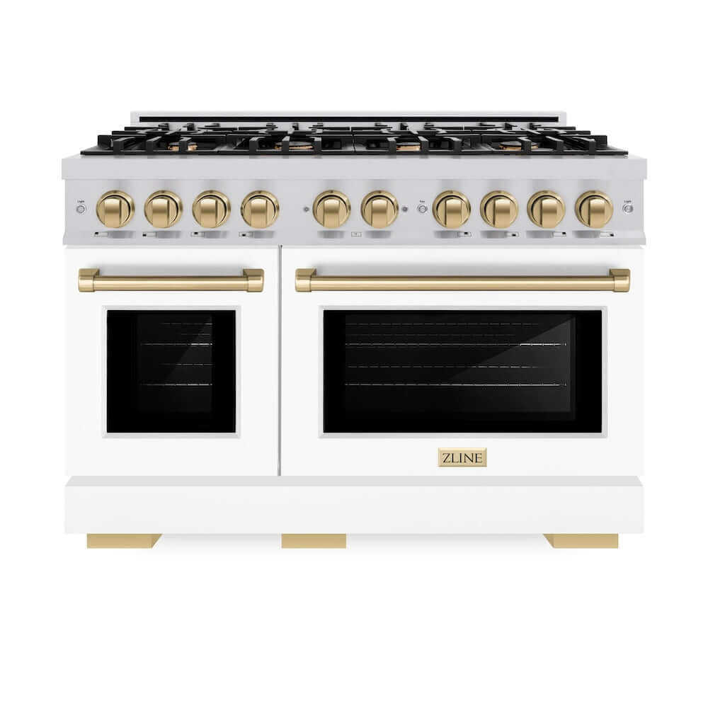 ZLINE Autograph Edition 48 in. 6.7 cu. ft. Select Double Oven Gas Range with 8 Burner Cooktop in Stainless Steel with White Matte Doors and Champagne Bronze Accents (HGRZ-WM-48-CB)