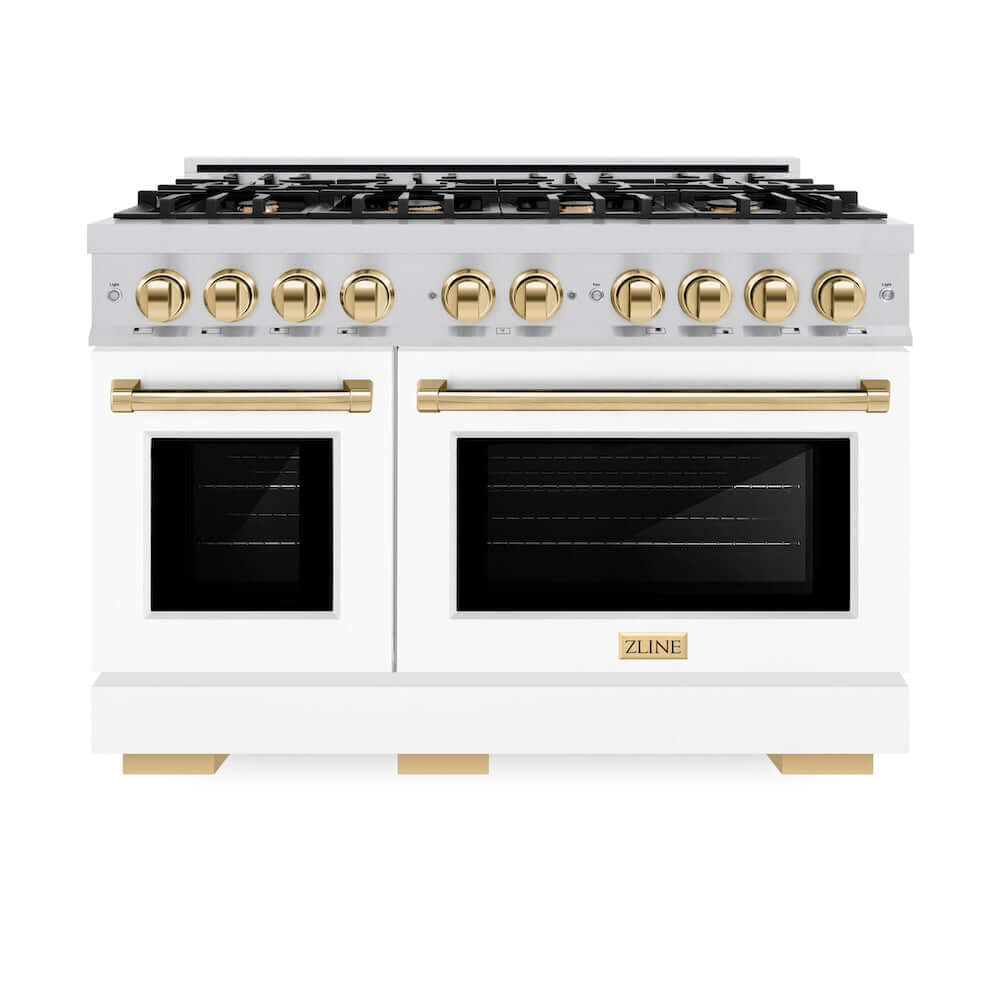 ZLINE Autograph Edition 48 in. 6.7 cu. ft. Select Double Oven Gas Range with 8 Burner Cooktop in Stainless Steel with White Matte Doors and Polished Gold Accents (HGRZ-WM-48-G)