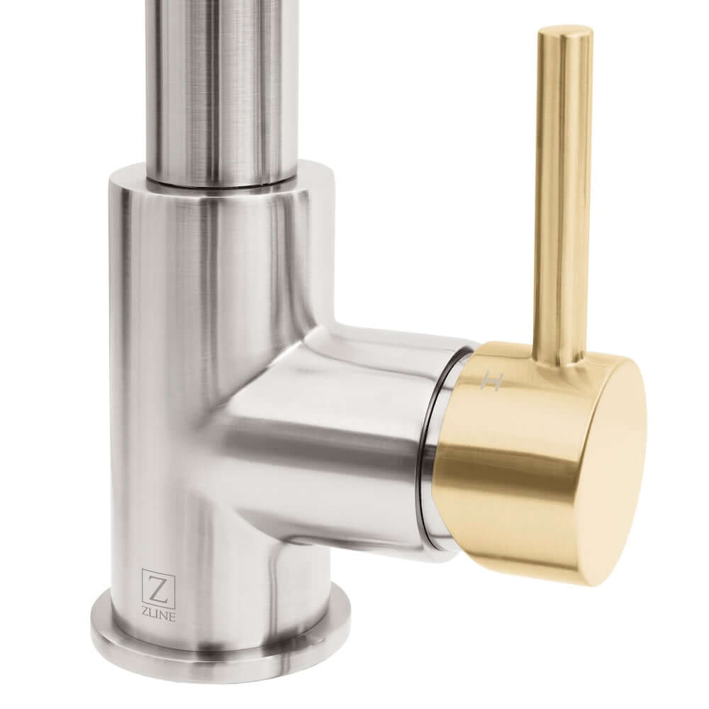 ZLINE Autograph Edition Sierra Pull Down Spring Single Handle Kitchen Faucet in Brushed Nickel and Champagne Bronze (SRA-KF-ZBNCB) mount and handle.