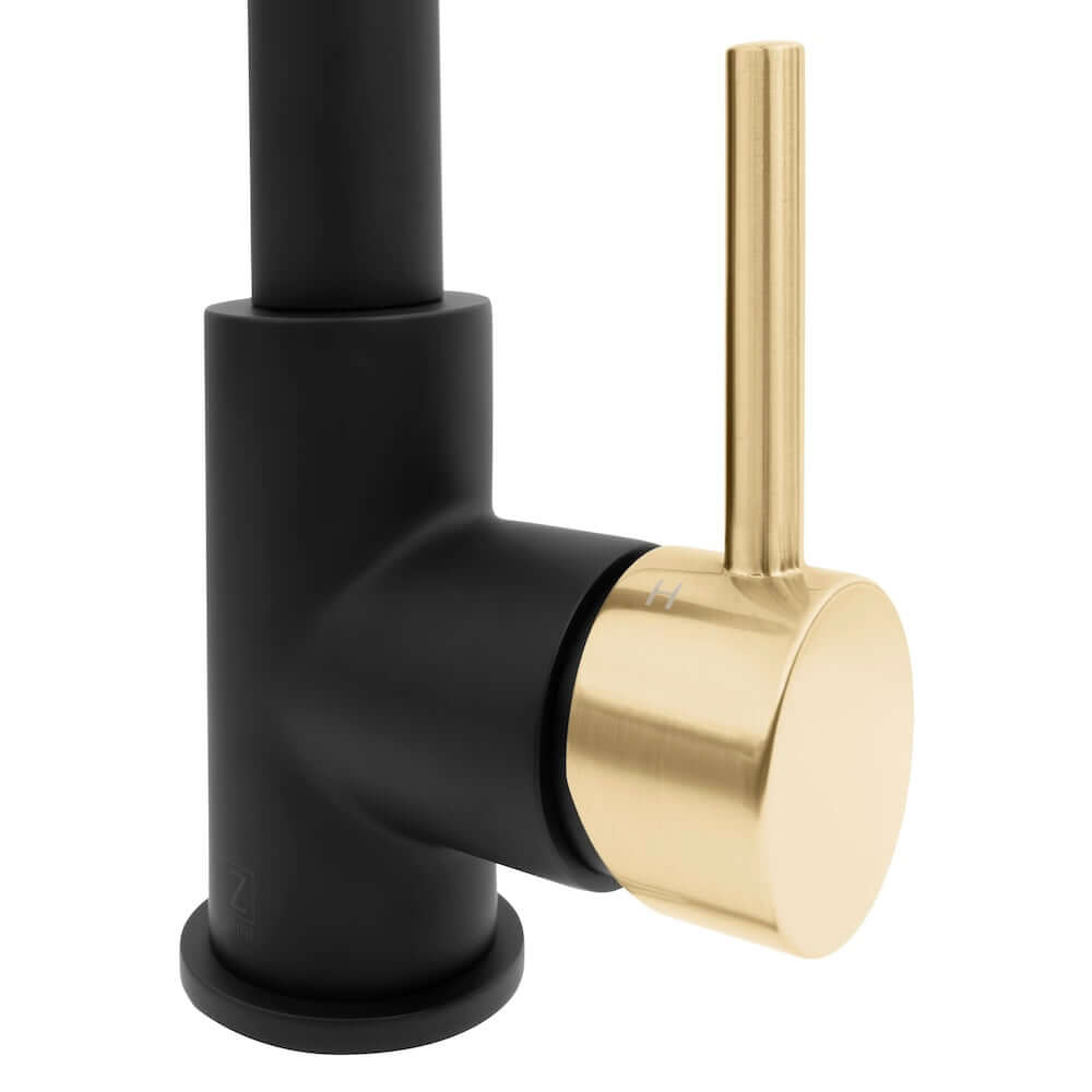 ZLINE Autograph Edition Sierra Pull Down Spring Single Handle Kitchen Faucet in Matte Black and Champagne Bronze (SRA-KF-ZMBCB) handle and mount.