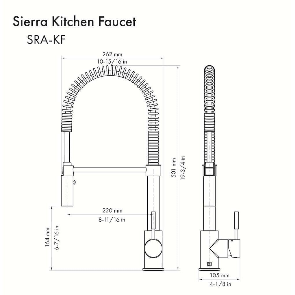 ZLINE Autograph Edition Sierra Pull Down Spring Single Handle Kitchen Faucet in Brushed Nickel and Champagne Bronze (SRA-KF-ZBNCB) dimensional diagram.
