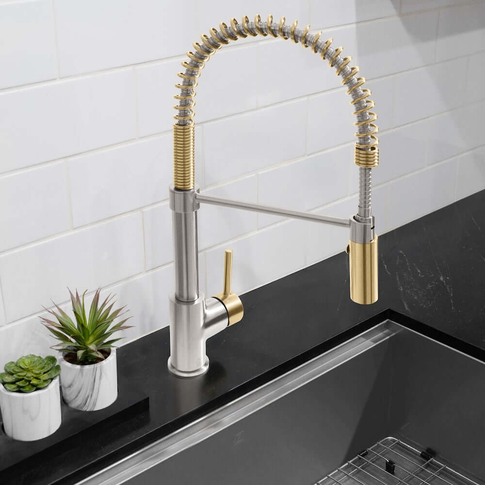 ZLINE Autograph Edition Sierra Pull Down Spring Single Handle Kitchen Faucet in Brushed Nickel and Champagne Bronze (SRA-KF-ZBNCB) lifestyle, above.