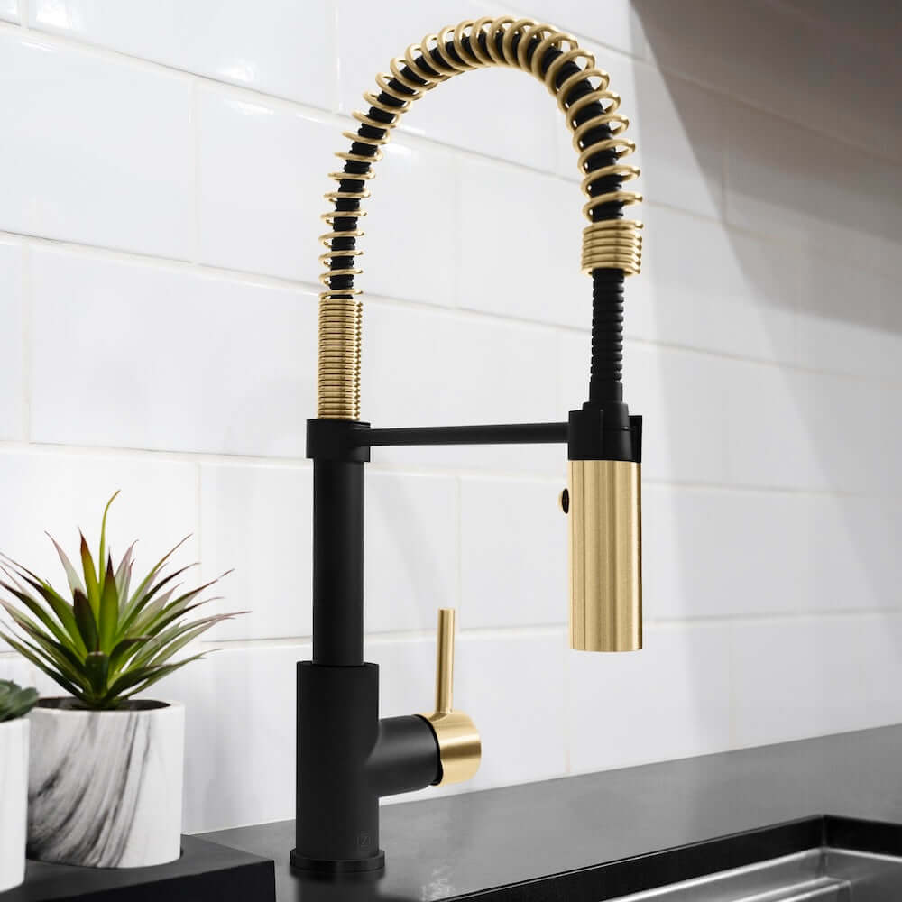 ZLINE Autograph Edition Sierra Pull Down Spring Single Handle Kitchen Faucet in Matte Black and Champagne Bronze (SRA-KF-ZMBCB) lifestyle, side.