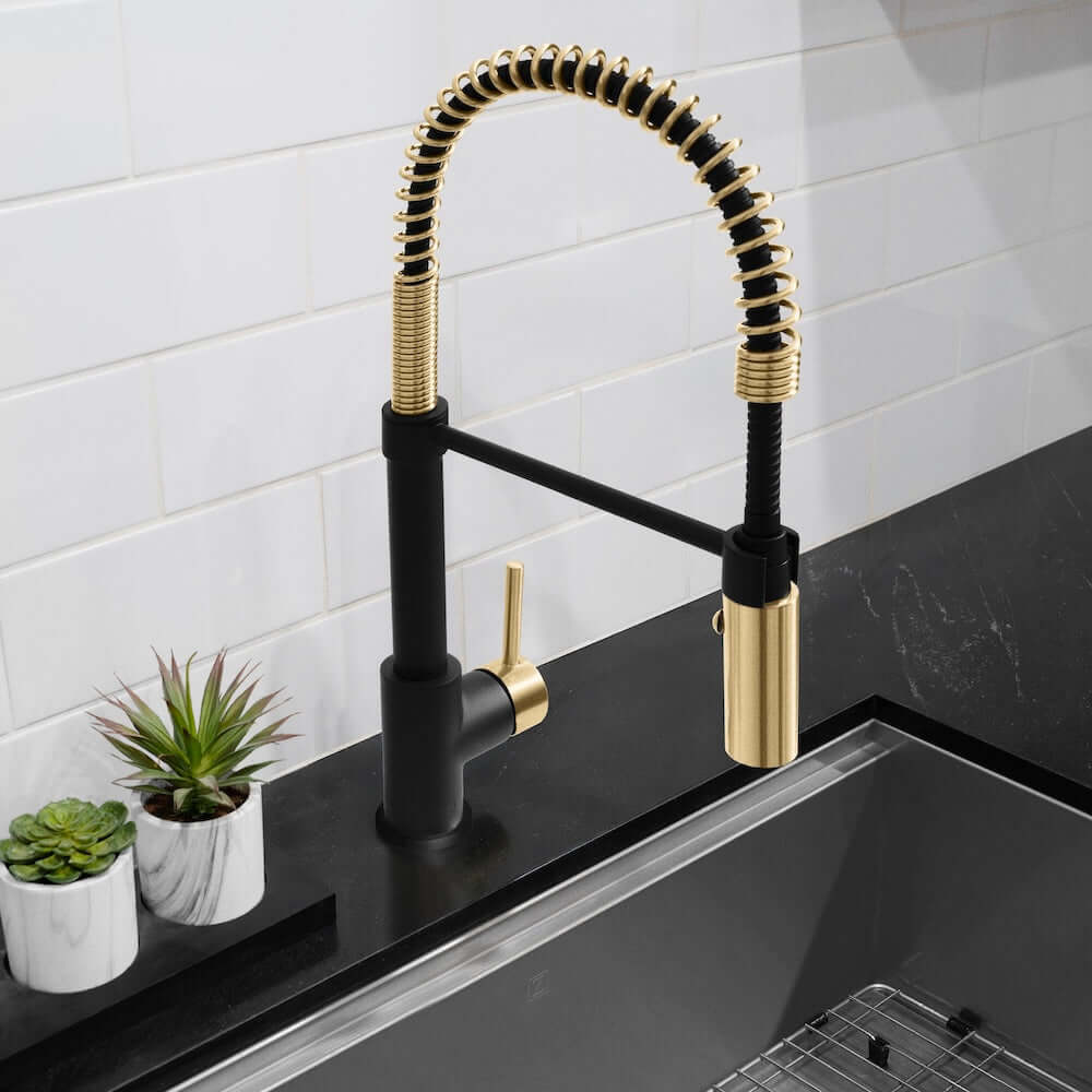 ZLINE Autograph Edition Sierra Pull Down Spring Single Handle Kitchen Faucet in Matte Black and Champagne Bronze (SRA-KF-ZMBCB) lifestyle, above.