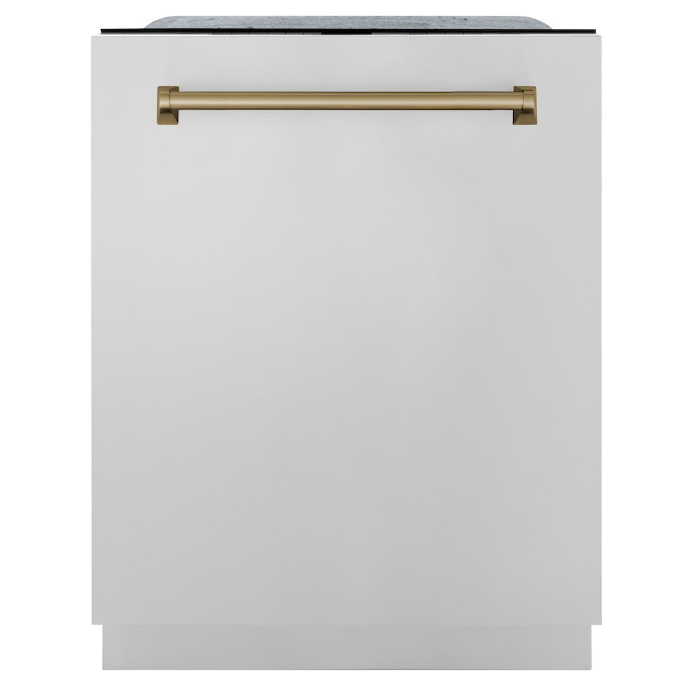 ZLINE Autograph Edition 24 in. Monument Series 3rd Rack Top Touch Control Tall Tub Dishwasher in Stainless Steel with Champagne Bronze Handle, 45dBa (DWMTZ-304-24-CB)