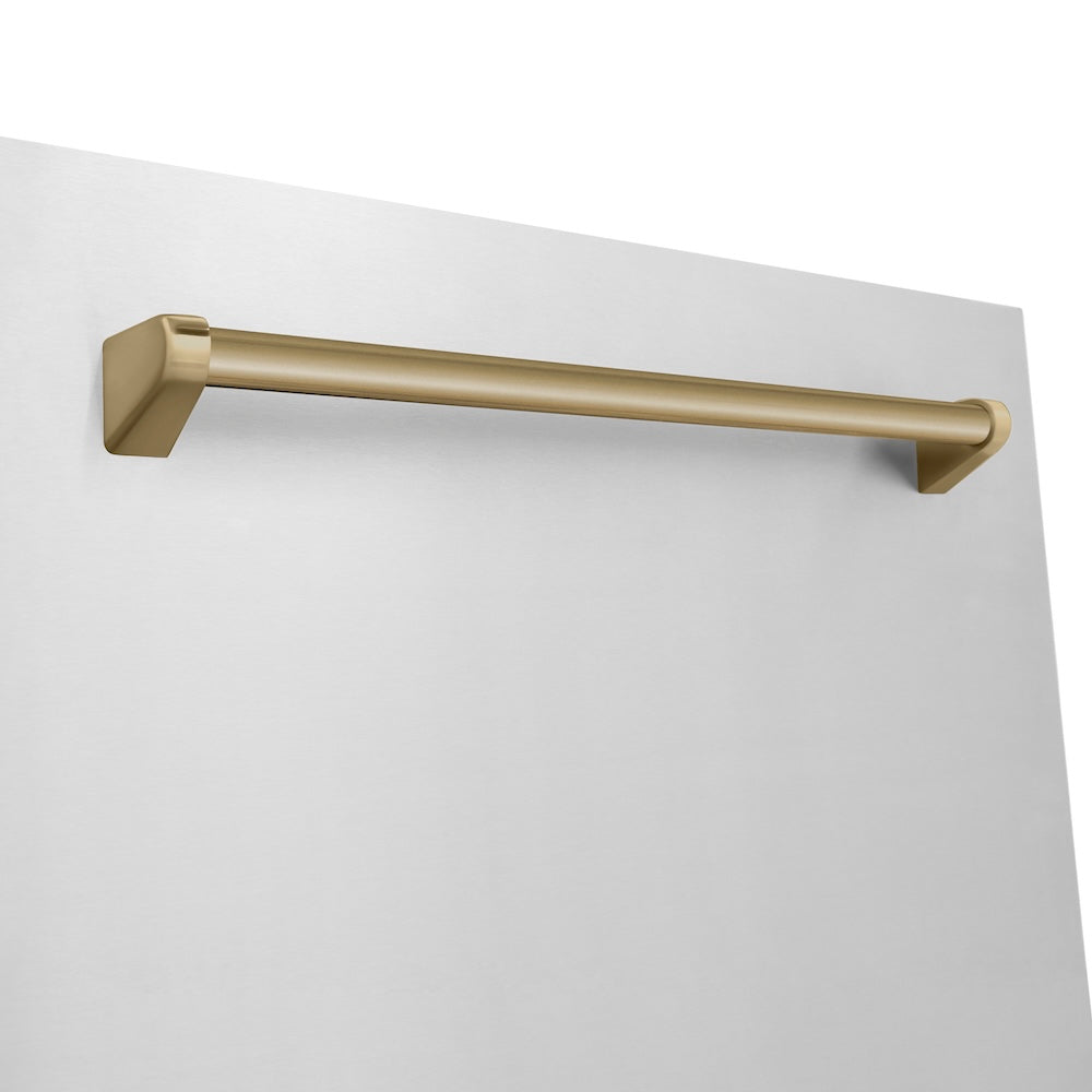 ZLINE Autograph Edition 24 in. Monument Series 3rd Rack Top Touch Control Tall Tub Dishwasher in Stainless Steel with Champagne Bronze Handle, 45dBa (DWMTZ-304-24-CB) close-up, handle on dishwasher panel exterior.