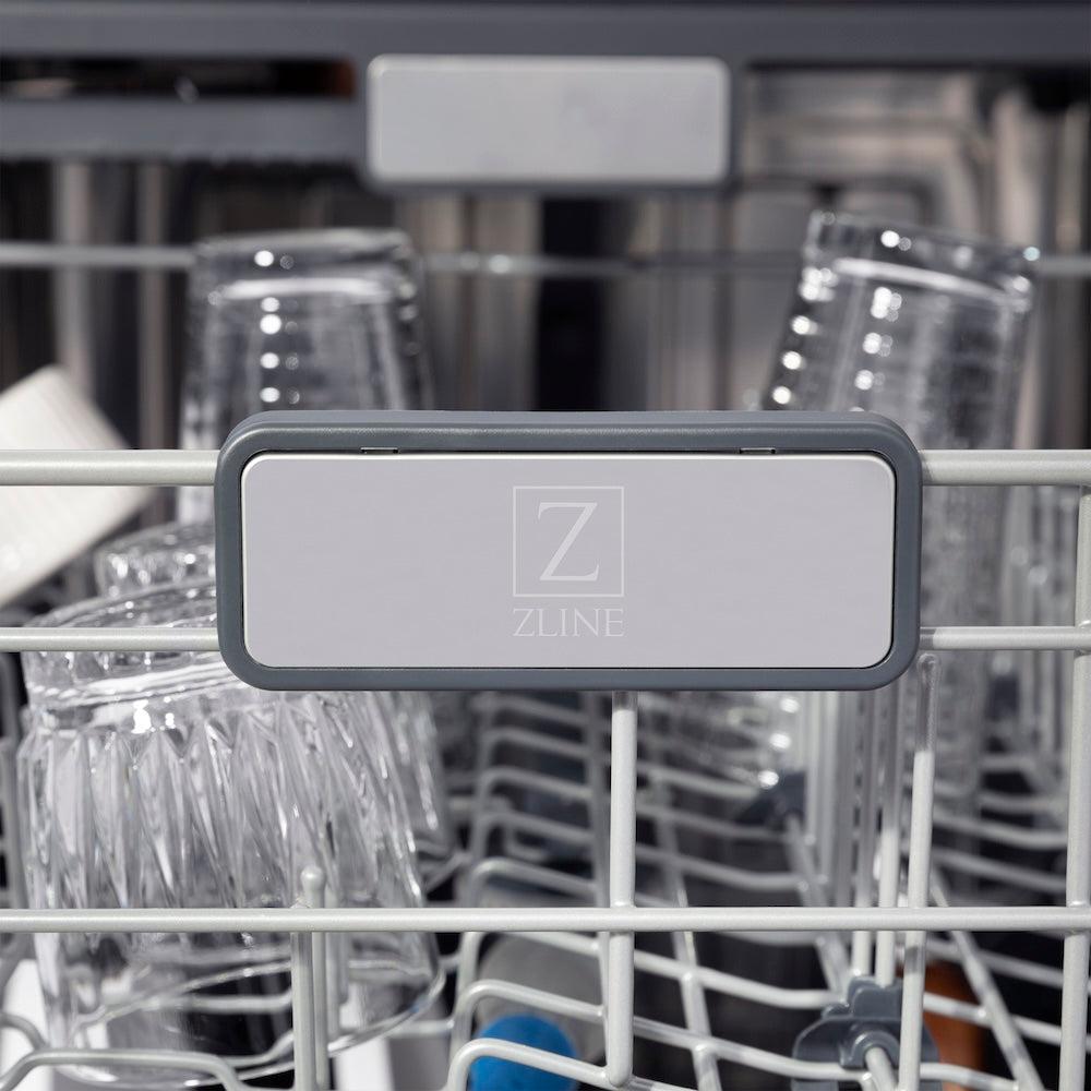 ZLINE Autograph Edition 24 in. Monument Series 3rd Rack Top Touch Control Tall Tub Dishwasher in Stainless Steel with Polished Gold Handle, 45dBa (DWMTZ-304-24-G) ZLINE logo on dish rack.