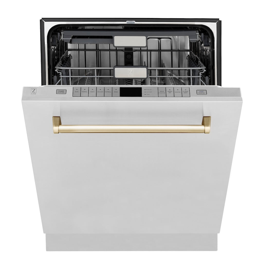 ZLINE Autograph Edition 36 in. Kitchen Package with Stainless Steel Dual Fuel Range, Range Hood and Dishwasher with Polished Gold Accents (3AKP-RARHDWM36-G)