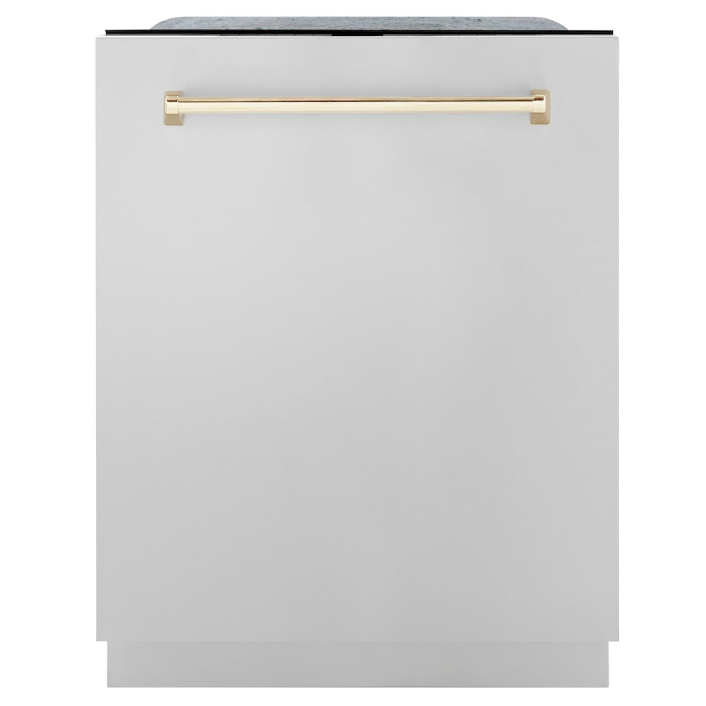 ZLINE 30 in. Autograph Edition Kitchen Package with Stainless Steel Dual Fuel Range, Range Hood, Dishwasher and Refrigeration with Polished Gold Accents (4AKPR-RARHDWM30-G)