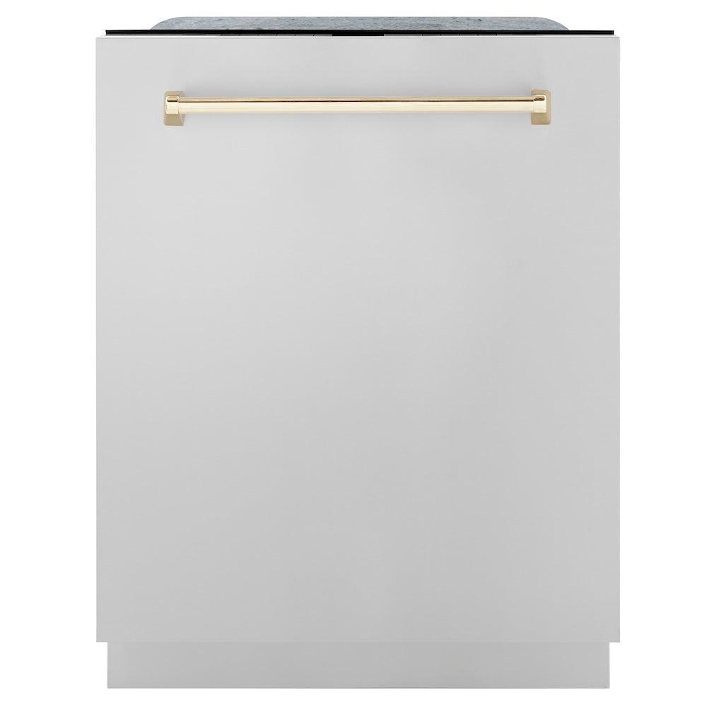 ZLINE Autograph Edition 24 in. Monument Series 3rd Rack Dishwasher with Auto Door Open Drying, 44dBa, Stainless Steel Panel with Polished Gold Handle (DWMTZ-304-24-G) main image.