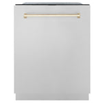 ZLINE Autograph Edition 24 in. Monument Series 3rd Rack Top Touch Control Tall Tub Dishwasher in Stainless Steel with Polished Gold Handle, 45dBa (DWMTZ-304-24-G)