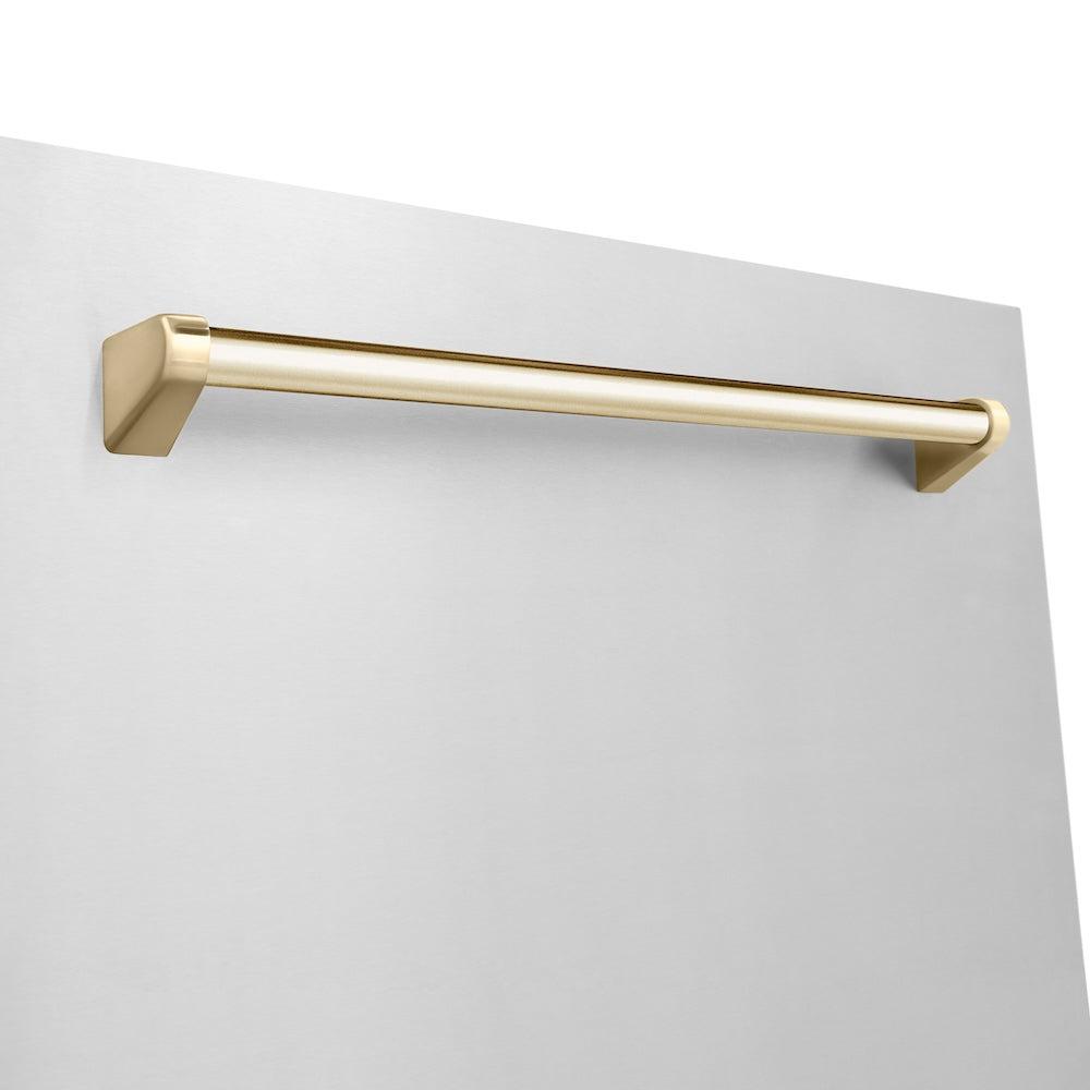 ZLINE Autograph Edition 24 in. Monument Series 3rd Rack Top Touch Control Tall Tub Dishwasher in Stainless Steel with Polished Gold Handle, 45dBa (DWMTZ-304-24-G) close-up, handle on dishwasher panel exterior.