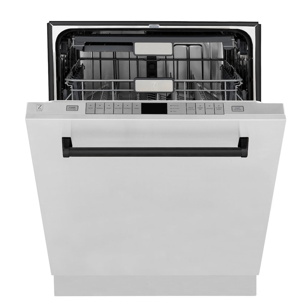 ZLINE Autograph Edition 48 in. Kitchen Package with Stainless Steel Dual Fuel Range, Range Hood, Dishwasher and Refrigeration with Matte Black Accents (4AKPR-RARHDWM48-MB)