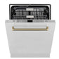 ZLINE Autograph Edition 24 in. Monument Series 3rd Rack Top Touch Control Tall Tub Dishwasher in Stainless Steel with Champagne Bronze Helix Handle, 45dBa (DWMTZ-30424-KCB) front, half open.