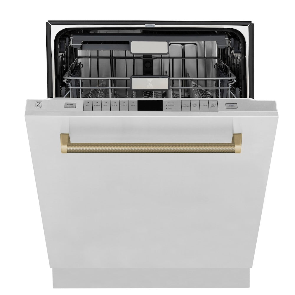 ZLINE Autograph Edition 24 in. Monument Series 3rd Rack Top Touch Control Tall Tub Dishwasher in Stainless Steel with Champagne Bronze Helix Handle, 45dBa (DWMTZ-30424-KCB) front, half open.