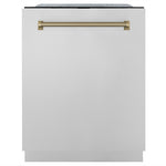 ZLINE Autograph Edition 24 in. Monument Series 3rd Rack Top Touch Control Tall Tub Dishwasher in Stainless Steel with Champagne Bronze Helix Handle, 45dBa (DWMTZ-30424-KCB) front.
