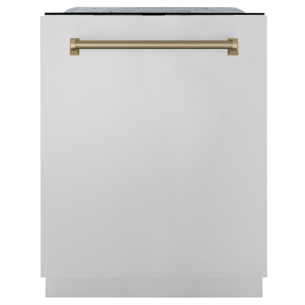 ZLINE Autograph Edition 24 in. Monument Series 3rd Rack Top Touch Control Tall Tub Dishwasher in Stainless Steel with Champagne Bronze Helix Handle, 45dBa (DWMTZ-30424-KCB) front.