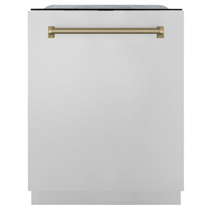 ZLINE Autograph Edition 24 in. Monument Series 3rd Rack Top Touch Control Tall Tub Dishwasher in Stainless Steel with Champagne Bronze Helix Handle, 45dBa (DWMTZ-30424-KCB) front.