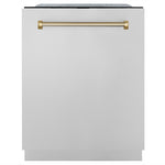 ZLINE Autograph Edition 24 in. Monument Series 3rd Rack Top Touch Control Tall Tub Dishwasher in Stainless Steel with Polished Gold Helix Handle, 45dBa (DWMTZ-30424-KG) front.