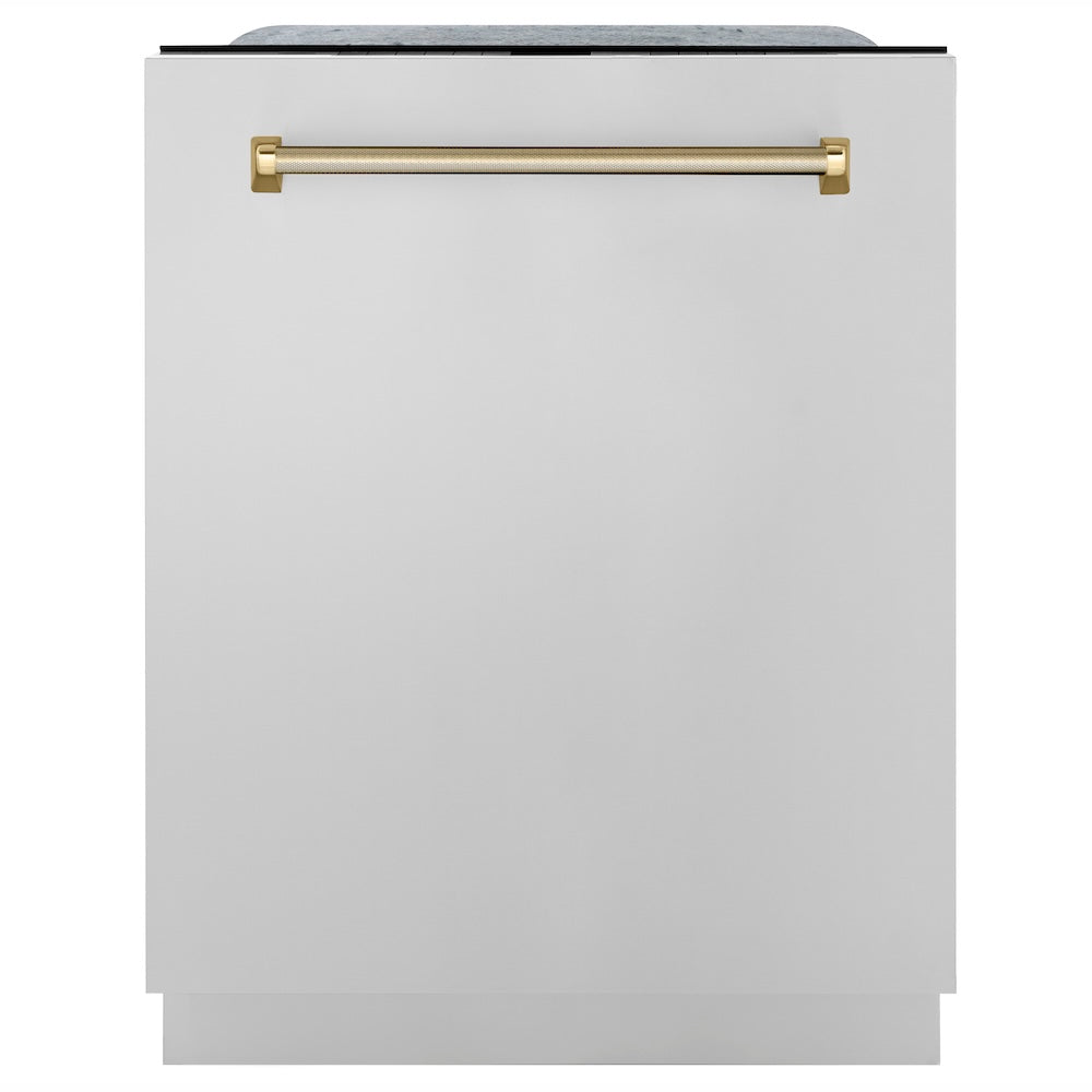 ZLINE Autograph Edition 24 in. Monument Series 3rd Rack Top Touch Control Tall Tub Dishwasher in Stainless Steel with Polished Gold Helix Handle, 45dBa (DWMTZ-30424-KG) front.