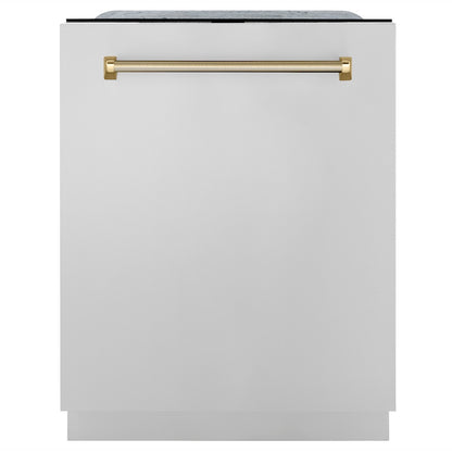 ZLINE Autograph Edition 24 in. Monument Series 3rd Rack Top Touch Control Tall Tub Dishwasher in Stainless Steel with Polished Gold Helix Handle, 45dBa (DWMTZ-30424-KG) front.