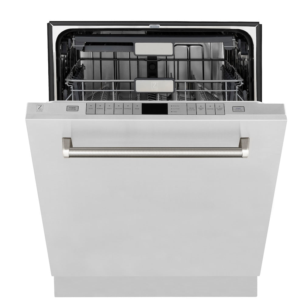 ZLINE Autograph Edition 24 in. Monument Series 3rd Rack Top Touch Control Tall Tub Dishwasher in Stainless Steel with Polished Nickel Helix Handle, 45dBa (DWMTZ-30424-KPN) front, half open.