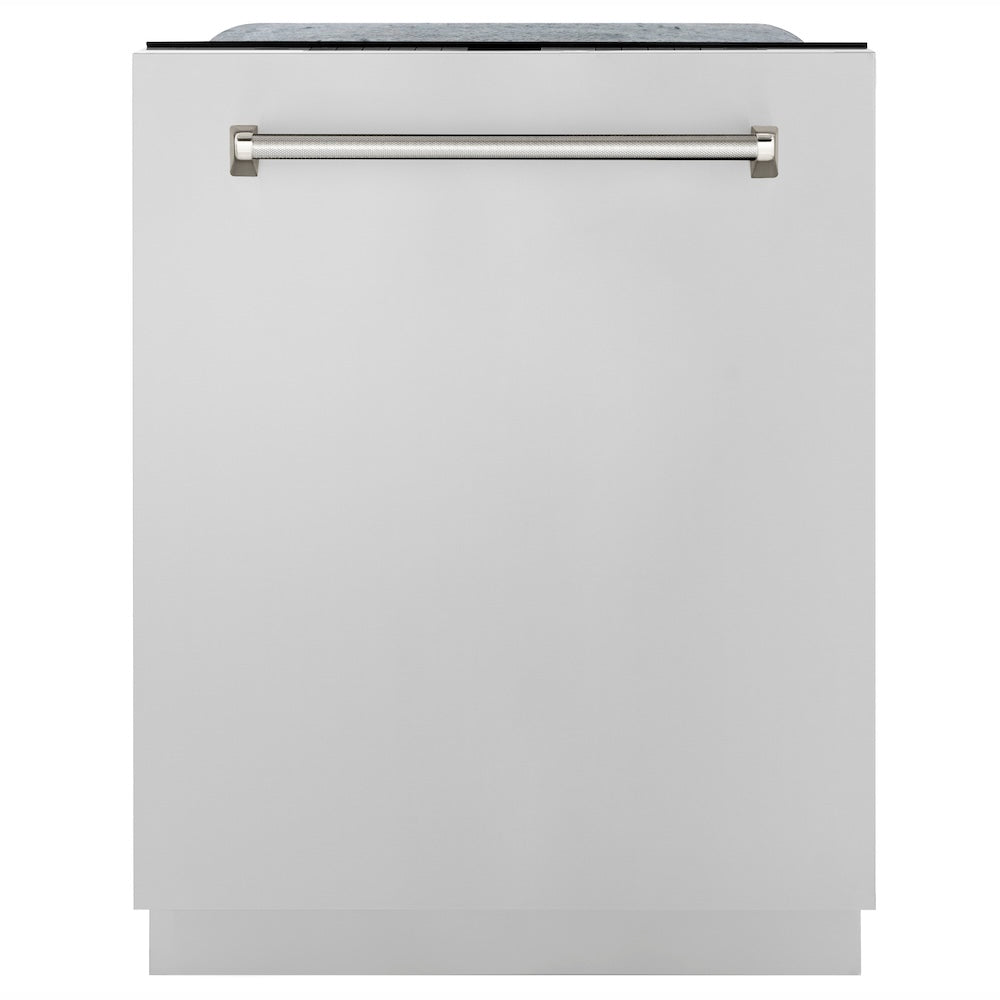 ZLINE Autograph Edition 24 in. Monument Series 3rd Rack Top Touch Control Tall Tub Dishwasher in Stainless Steel with Polished Nickel Helix Handle, 45dBa (DWMTZ-30424-KPN) front.