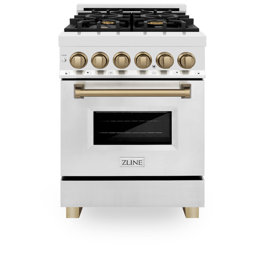 ZLINE Autograph Edition 24 in. 2.8 cu. ft. Dual Fuel Range with Gas Stove and Electric Oven in Stainless Steel with Champagne Bronze Accents (RAZ-24-CB) front, oven closed.