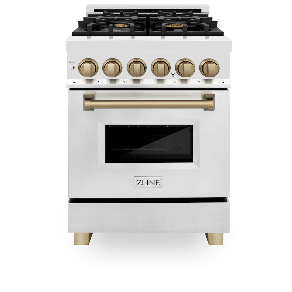 ZLINE Autograph Edition 24 in. 2.8 cu. ft. Legacy Dual Fuel Range with 4 Burner Gas Cooktop and Electric Convection Oven in Stainless Steel and Champagne Bronze Accents (RAZ-24-CB) front, oven closed.