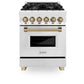 ZLINE Autograph Edition 24 in. 2.8 cu. ft. Legacy Dual Fuel Range with 4 Burner Gas Cooktop and Electric Convection Oven in Stainless Steel and Champagne Bronze Accents (RAZ-24-CB) front, oven closed.